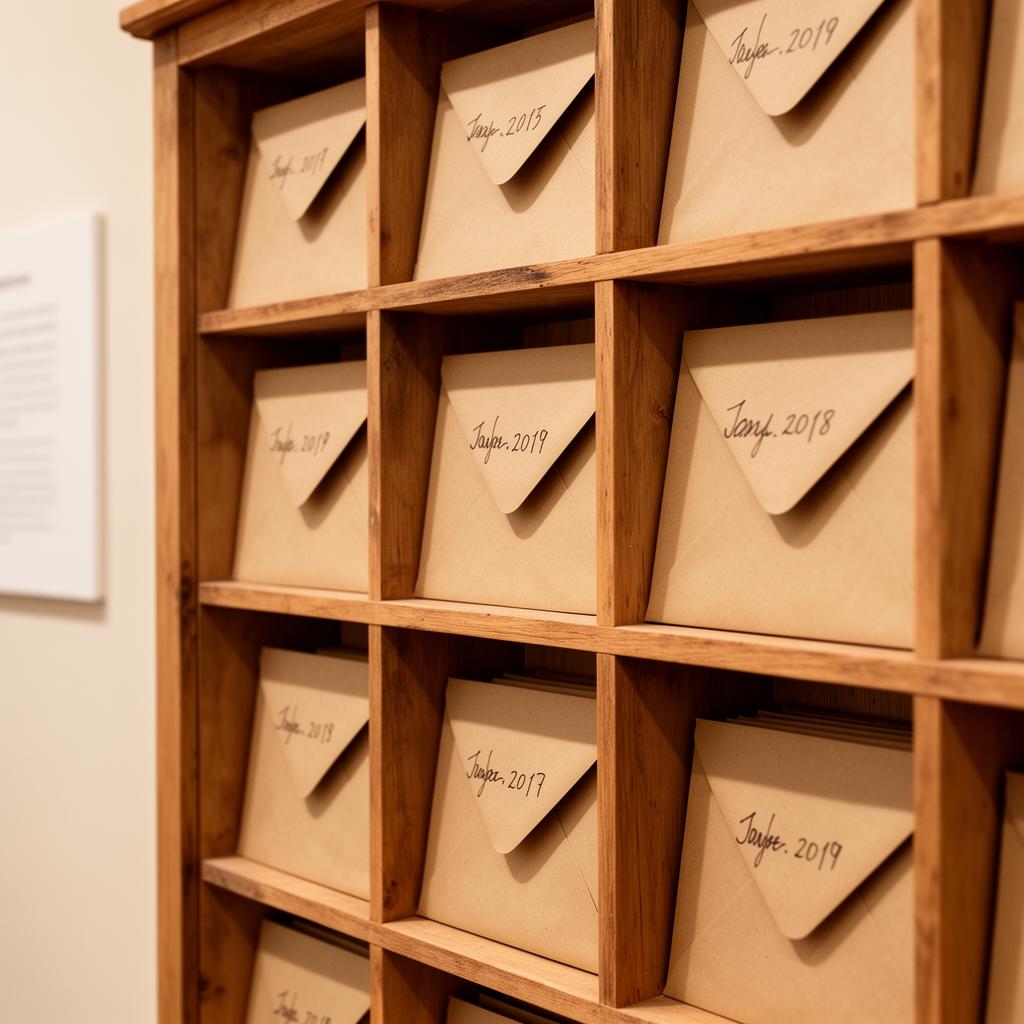 Caixas de correio de madeira com envelopes datados