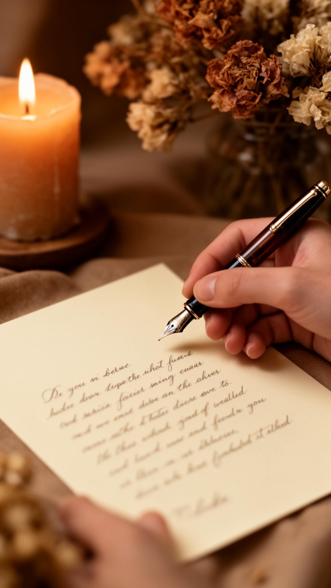 Mão a escrever uma carta com caneta de tinta permanente à luz de vela